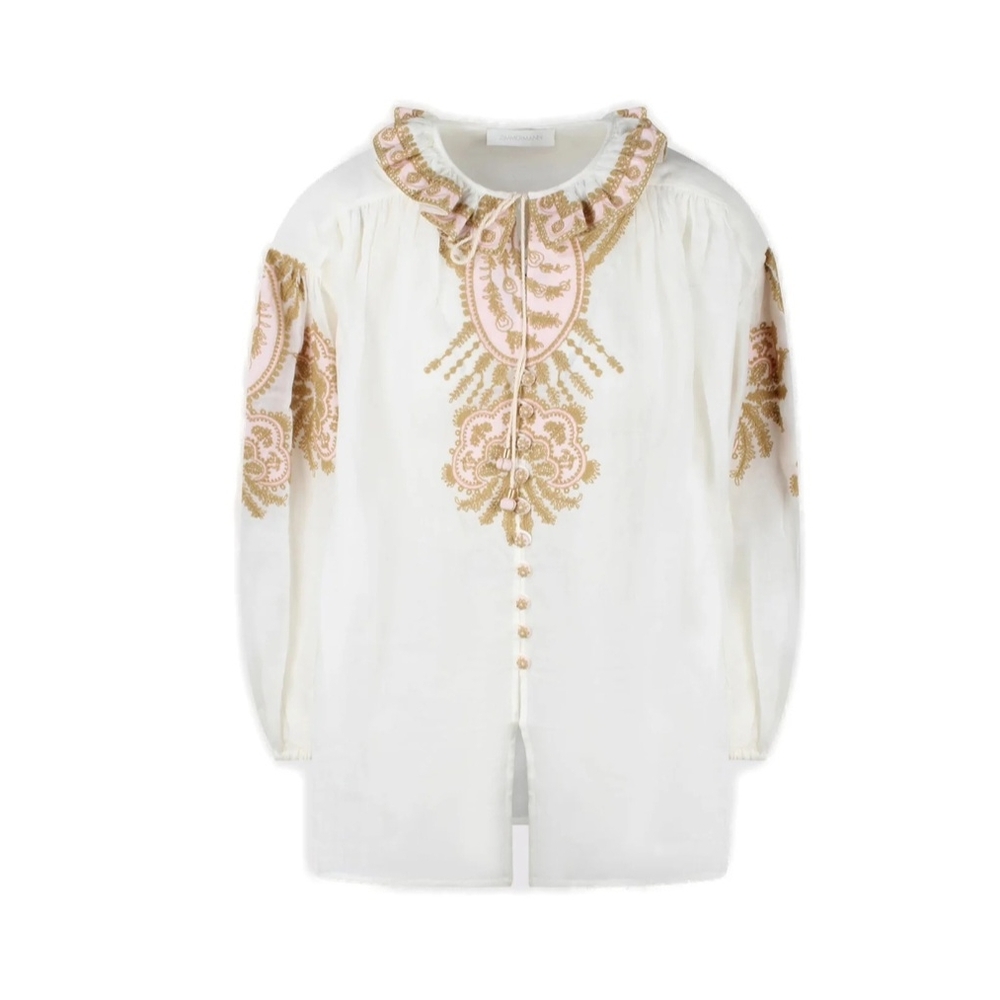 Zimmerman Embroidered White Blouse with Pink and Gold Accents 0P